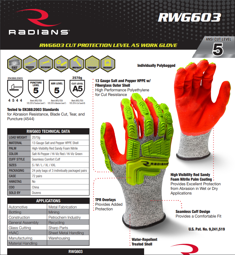 Radians RWG603 Cut Protection Level A5 Sandy Foam Nitrile Coated Glove