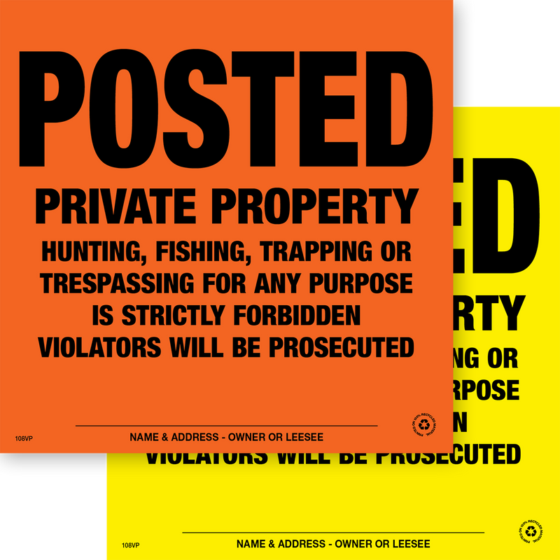 Posted Private Property Posted Signs - Orange or Yellow Plastic - Pack of 25