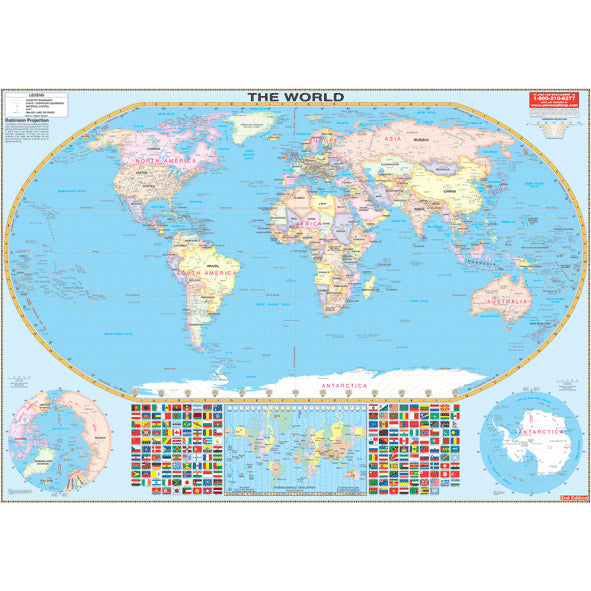 Laminated World Wall Map, Flat with Rails, FR175